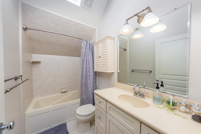 full bath with toilet, shower / bath combination with curtain, tile patterned floors, and vanity
