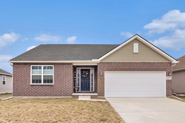 ranch-style house featuring a garage and a front yard