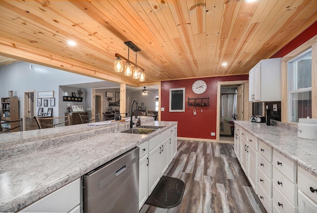 kitchen featuring sink, wooden ceiling, stainless steel dishwasher, decorative light fixtures, and white cabinets