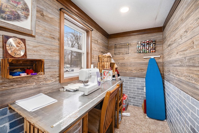 bar with wooden walls and light colored carpet