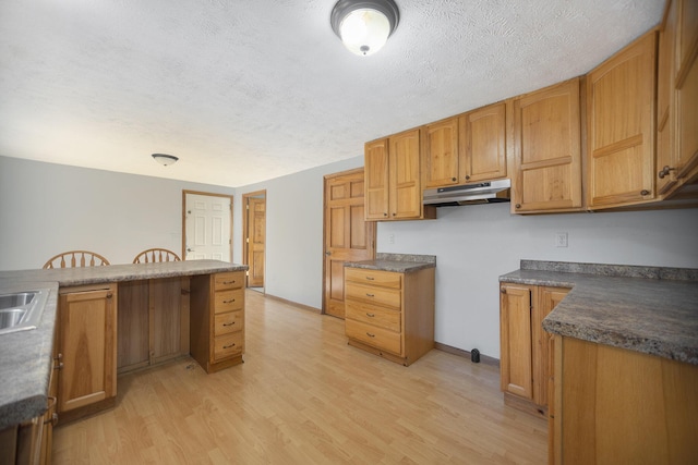 kitchen with a textured ceiling, light wood-type flooring, a breakfast bar area, and sink