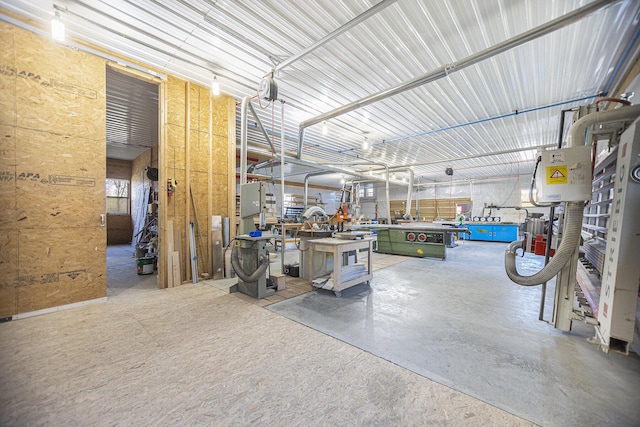 garage with a workshop area