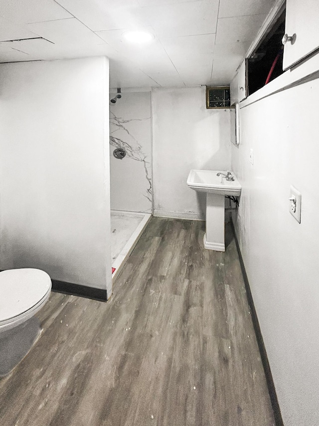 bathroom featuring a shower, hardwood / wood-style flooring, toilet, and sink