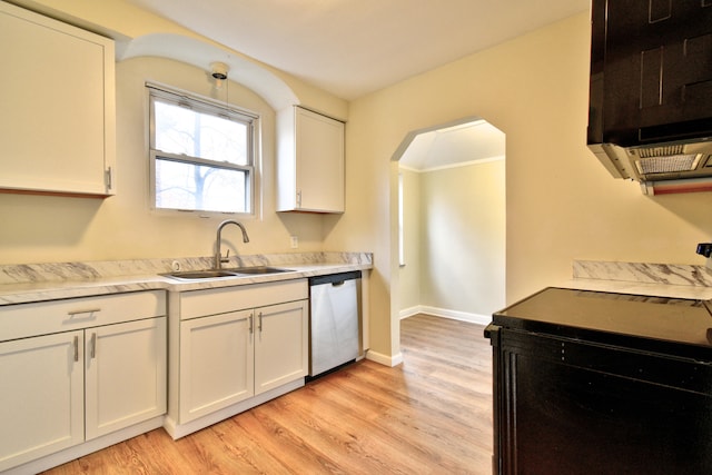 kitchen with dishwasher, light hardwood / wood-style floors, white cabinetry, and sink