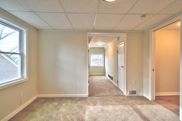 empty room featuring light carpet and a paneled ceiling