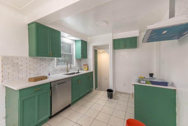 kitchen with dishwasher, light tile patterned floors, green cabinetry, and sink