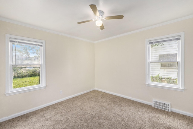 carpeted empty room with crown molding, ceiling fan, and a healthy amount of sunlight