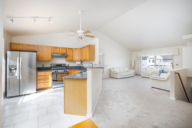 kitchen with lofted ceiling, rail lighting, ceiling fan, appliances with stainless steel finishes, and kitchen peninsula