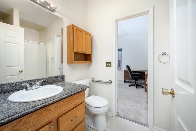 bathroom featuring tile patterned floors, lofted ceiling, toilet, a shower with door, and vanity