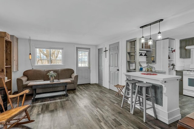 kitchen with a kitchen breakfast bar, dark hardwood / wood-style flooring, pendant lighting, and white range