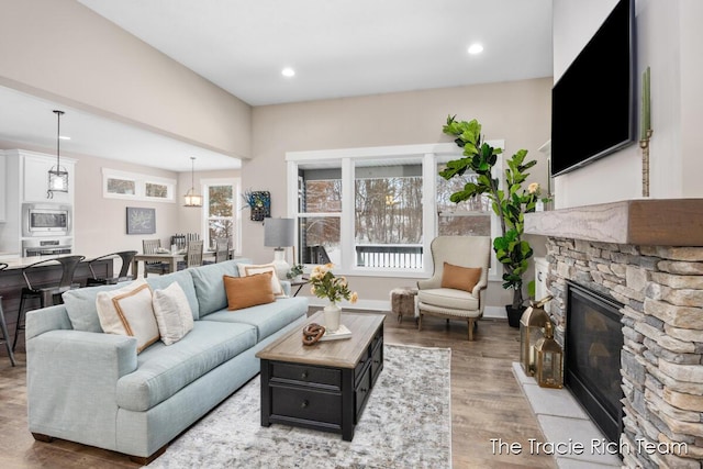 living room with wood-type flooring and a fireplace