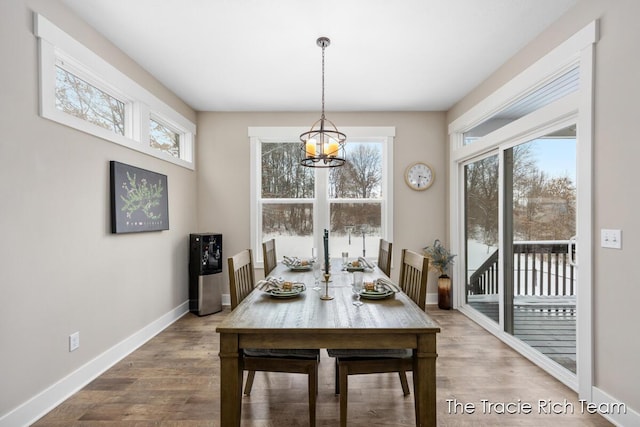 dining space with wood-type flooring