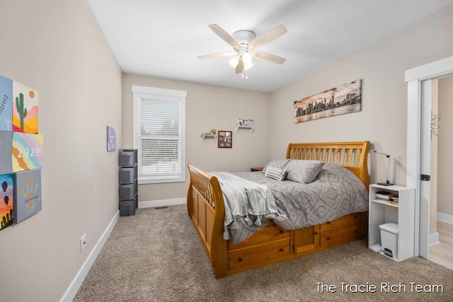 carpeted bedroom featuring ceiling fan