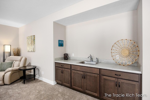 bar featuring light carpet, sink, and dark brown cabinets