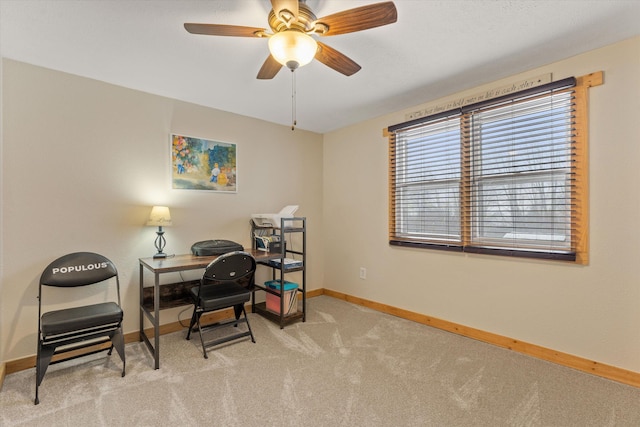 carpeted office with ceiling fan