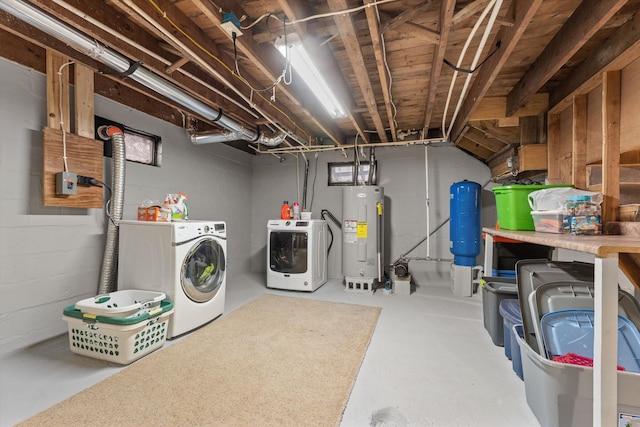 clothes washing area with electric water heater and washing machine and clothes dryer