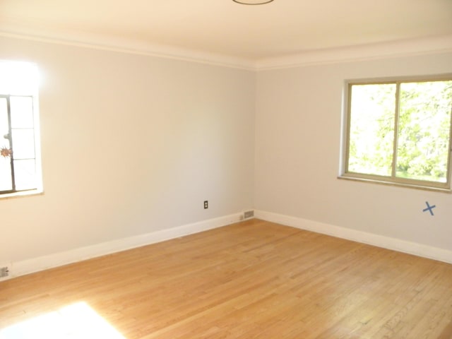 unfurnished room featuring crown molding and light hardwood / wood-style floors