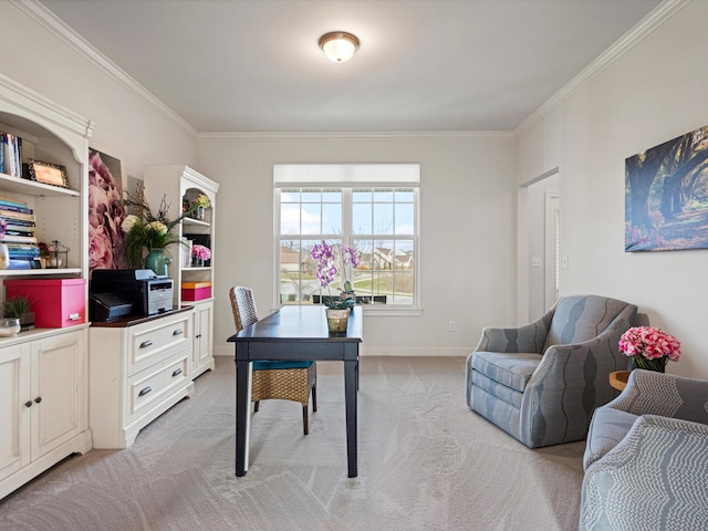 home office featuring light carpet and ornamental molding