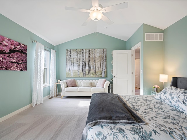 carpeted bedroom featuring ceiling fan and lofted ceiling