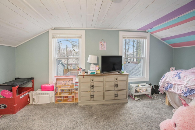 carpeted bedroom with wood ceiling, vaulted ceiling, and multiple windows