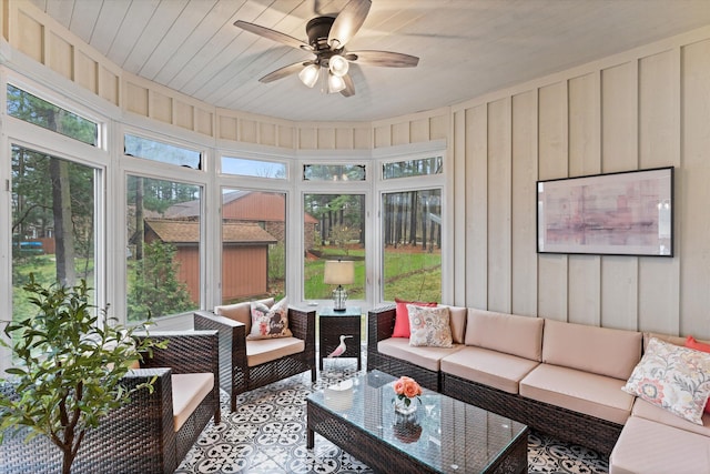 sunroom with ceiling fan and wood ceiling