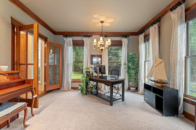 home office featuring ornamental molding, carpet floors, and a chandelier