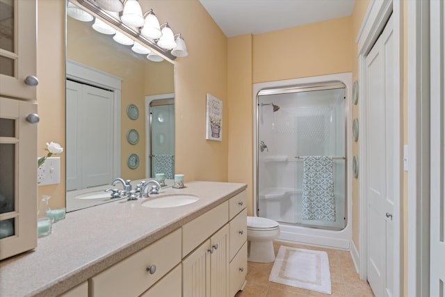 bathroom featuring walk in shower, tile patterned flooring, vanity, and toilet