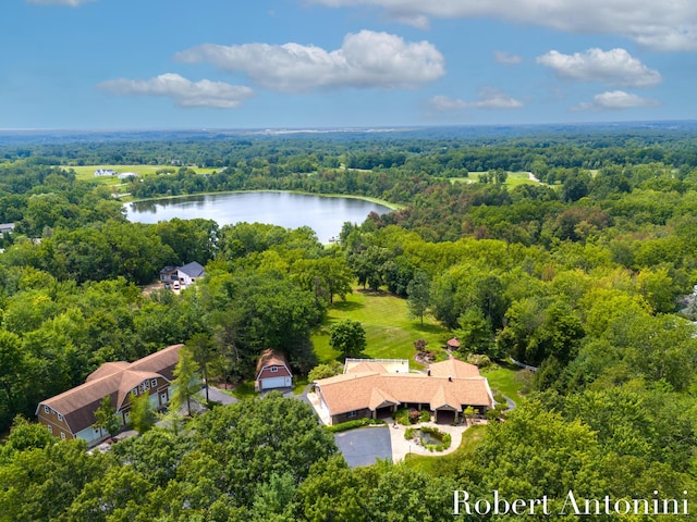 drone / aerial view featuring a water view