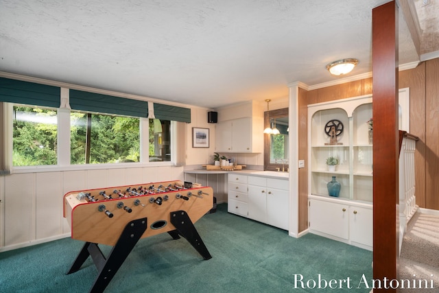 game room with a textured ceiling, dark colored carpet, and a healthy amount of sunlight