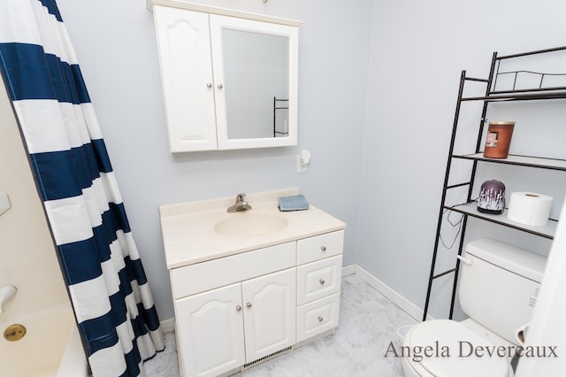 full bathroom with vanity, toilet, and shower / bathtub combination with curtain