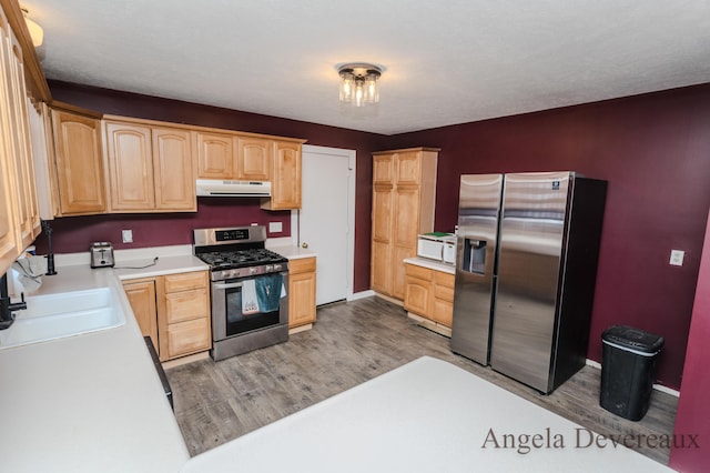 kitchen featuring light brown cabinetry, wood-type flooring, sink, and appliances with stainless steel finishes