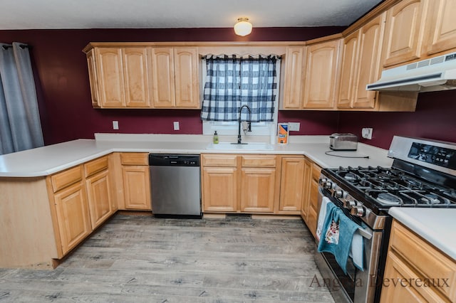 kitchen featuring kitchen peninsula, light wood-type flooring, stainless steel appliances, sink, and light brown cabinets