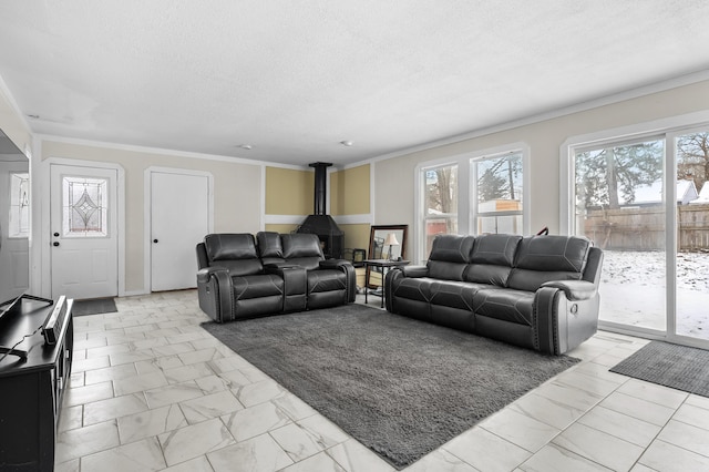 living room featuring a wood stove and crown molding