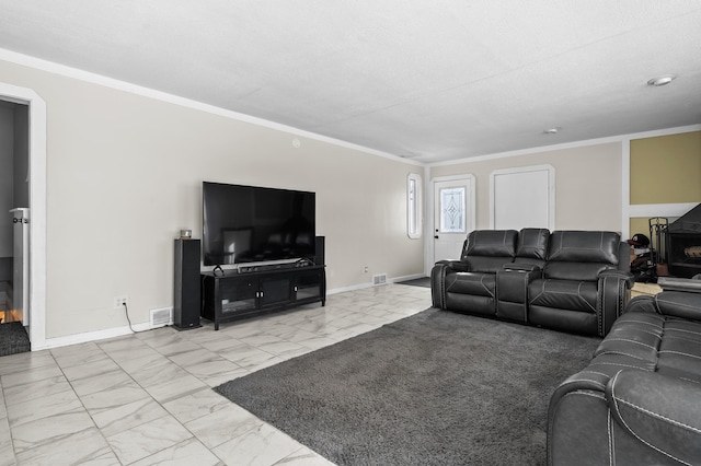 living room with ornamental molding