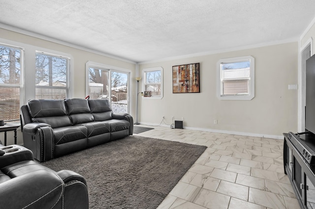 living room featuring a textured ceiling