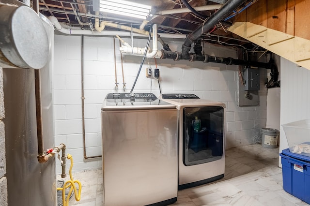 clothes washing area with washer and dryer and electric panel