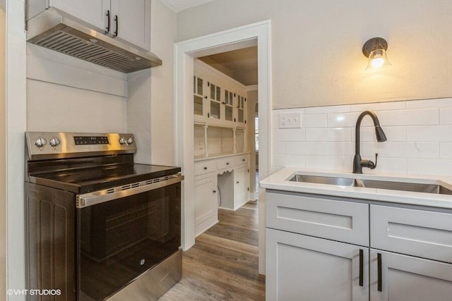 kitchen with tasteful backsplash, electric stove, sink, and hardwood / wood-style floors