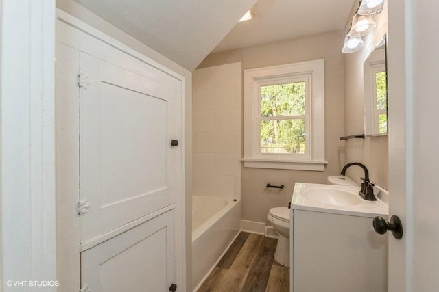 bathroom with vanity, hardwood / wood-style flooring, and toilet