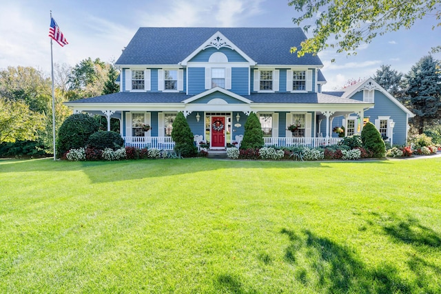 view of front of home with a porch and a front yard