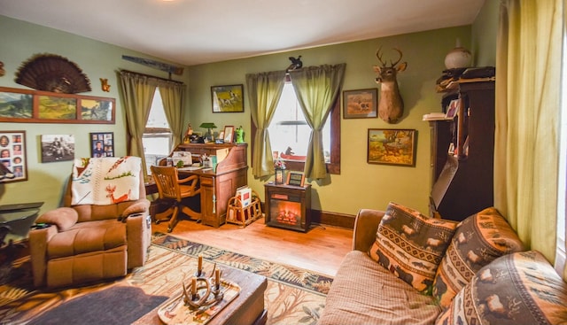 living area with a fireplace and hardwood / wood-style floors