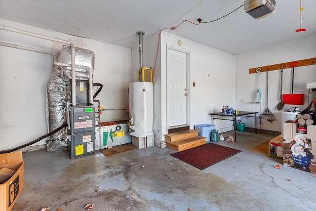 garage with gas water heater, a garage door opener, and heating unit