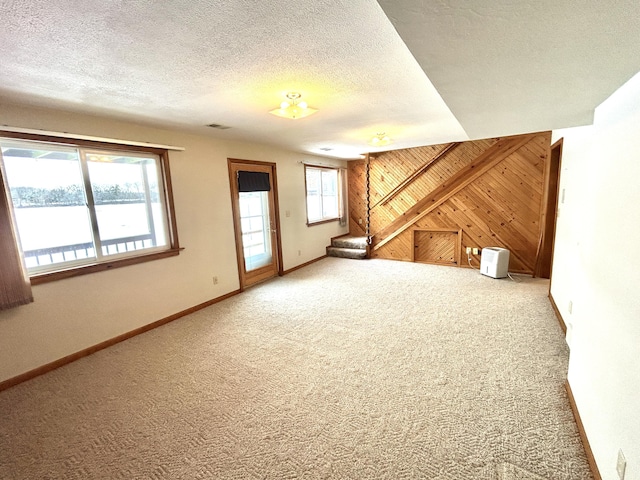 bonus room featuring a textured ceiling, carpet, and wooden walls