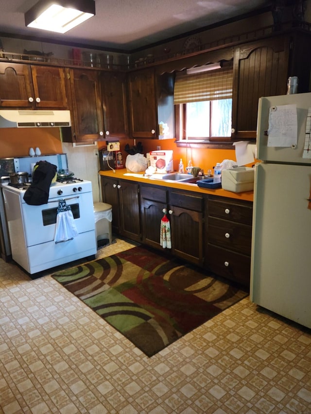 kitchen with dark brown cabinets, white appliances, and sink