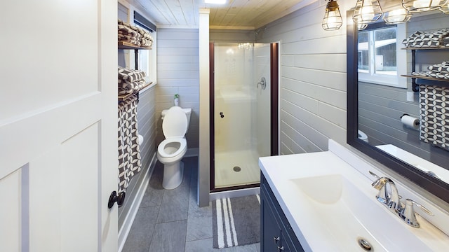 bathroom with an enclosed shower, vanity, wooden walls, wooden ceiling, and toilet