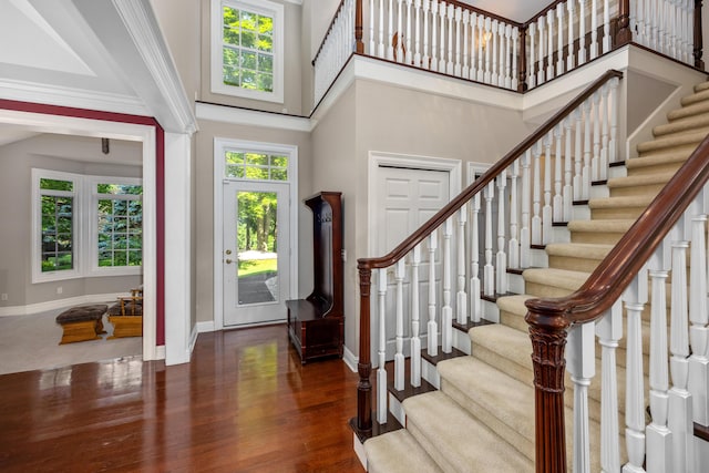 entryway with a high ceiling, dark wood-type flooring, crown molding, and a healthy amount of sunlight