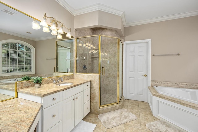 bathroom with vanity, tile patterned floors, and crown molding