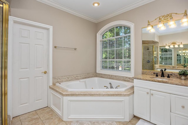 bathroom featuring tile patterned floors, vanity, ornamental molding, and shower with separate bathtub