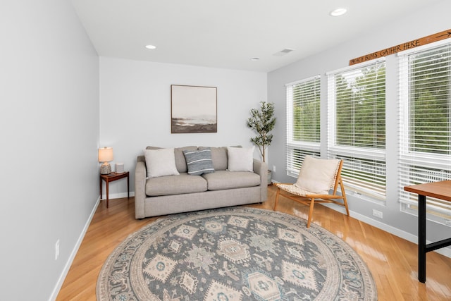 living room with a wealth of natural light and light hardwood / wood-style flooring