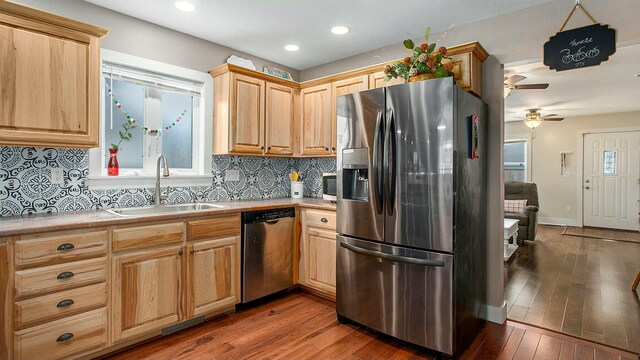 kitchen with dark hardwood / wood-style flooring, stainless steel appliances, a healthy amount of sunlight, and sink