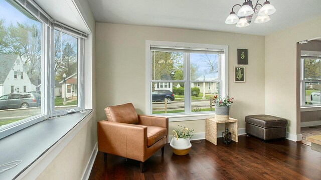 sitting room featuring a notable chandelier, dark hardwood / wood-style floors, and a wealth of natural light